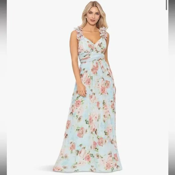 BETSY & ADAM Floral Print Ruffle Lace Back Gown Sz. 4 - Picture 8 of 11